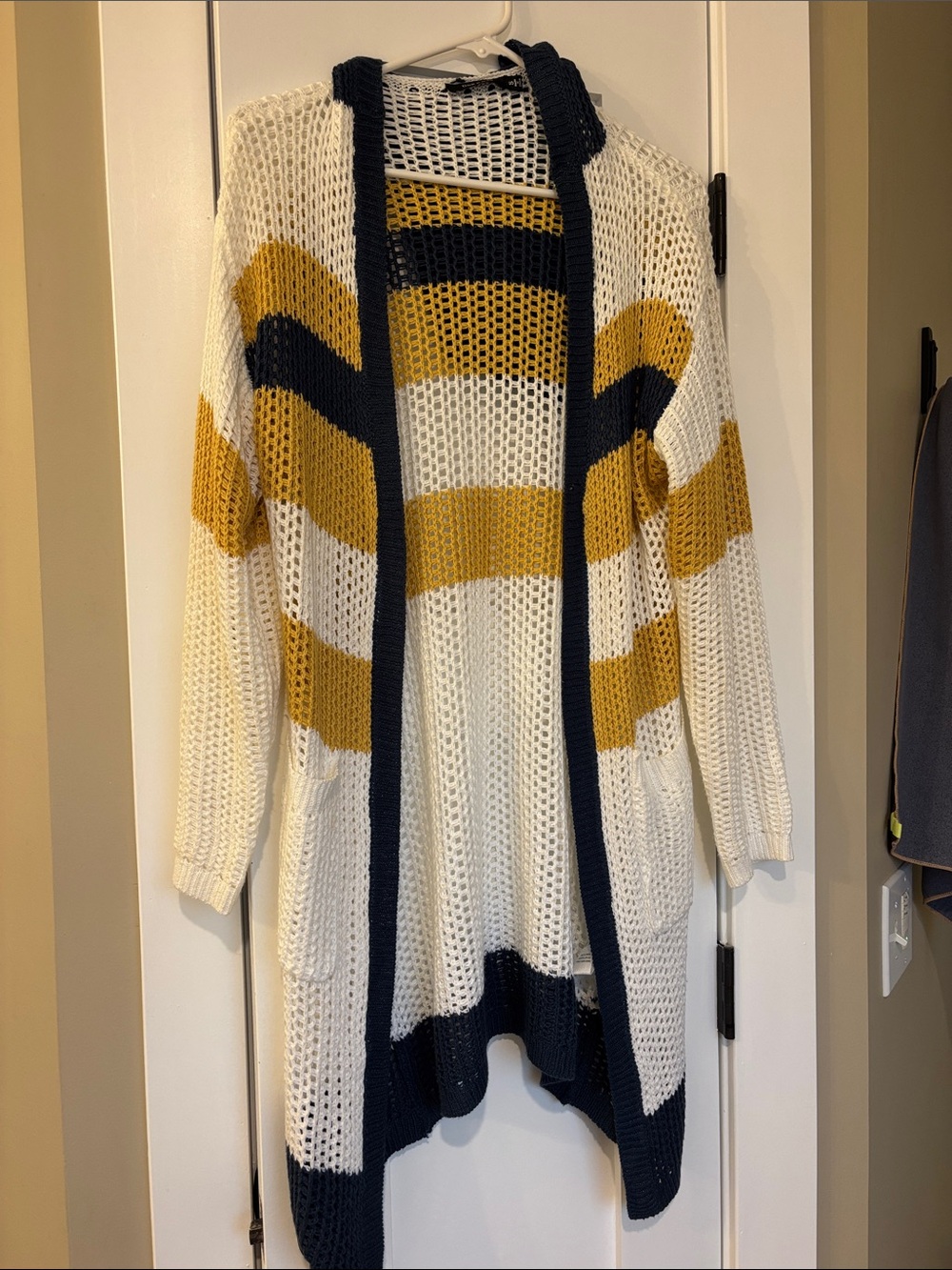 Doe & Rae Open-Front Striped Cardigan in White, Mustard & Navy